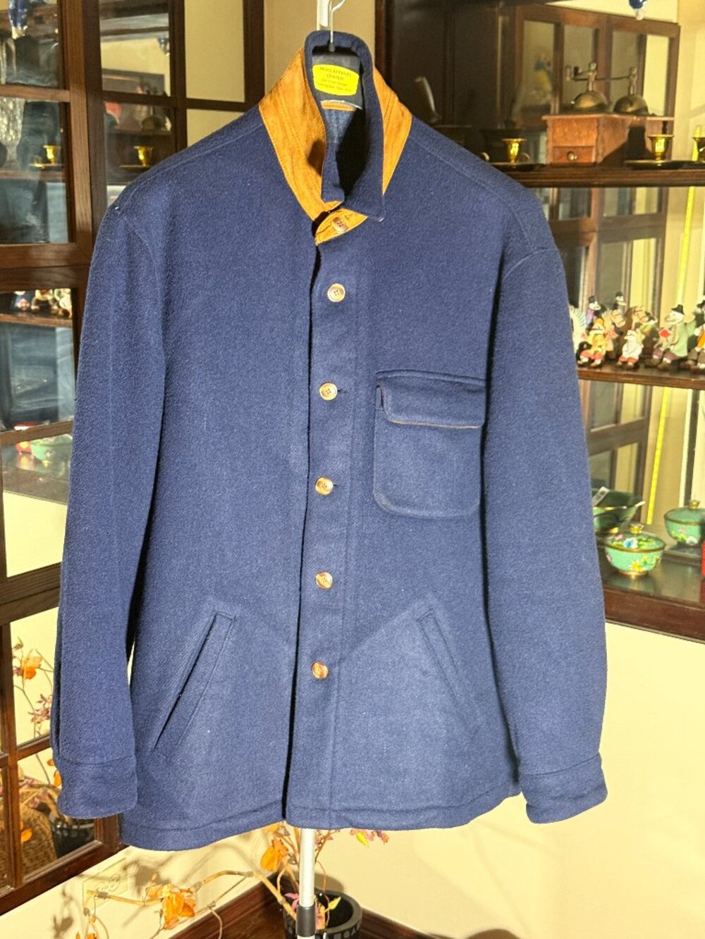 Vintage WOOLRICH Navy Blue Wool Jacket Leather Back Collar & Cuff Men's XL